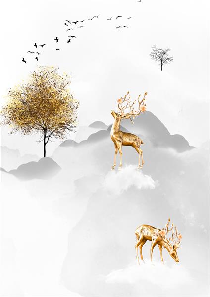 تصویر سه بعدی از درختان گوزن ها و پرندگان