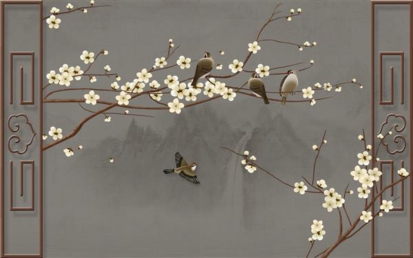 تصویر سه بعدی منظره تک رنگ خاکستری قاب های قهوه ای گل های بژ روی شاخه ها و دسته ای از پرندگان