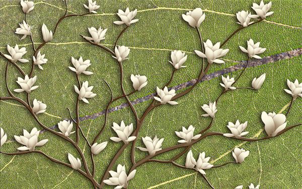 تصویر سه بعدی پس‌زمینه موزاییک سبز گل‌های ماگنولیا سفید روی شاخه‌های منحنی