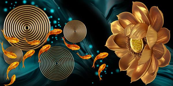 تصویر سه بعدی از دایره ها ماهی هایی که در کنار یک گل شنا می کنند