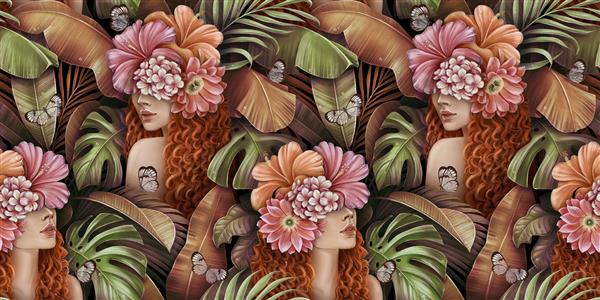 الگوی بدون درز استوایی با زنان مو قرمز مجعد زیبا دسته‌های گل هیبیسکوس پلومریا پروانه‌ها هیولا نخل برگ‌های موز تصویر سه بعدی قدیمی با دست برای کاغذ دیواری های لوکس