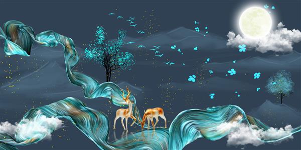 تصویر سه بعدی نقاشی دیواری تصاویر گوزن ماه درختان گله پرندگان 