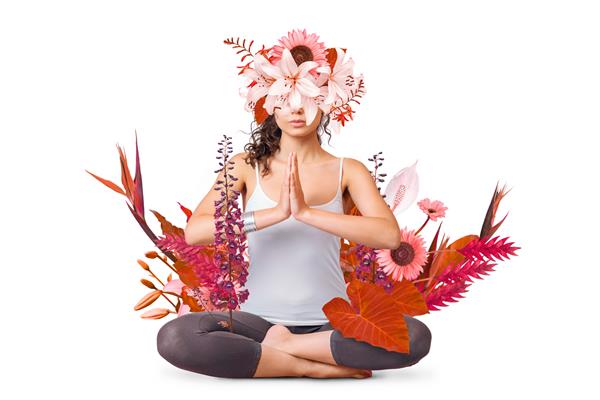 طراحی هنری انتزاعی زن جوان در حال انجام یوگا با گل های دور بدن جدا شده در پس زمینه سفید