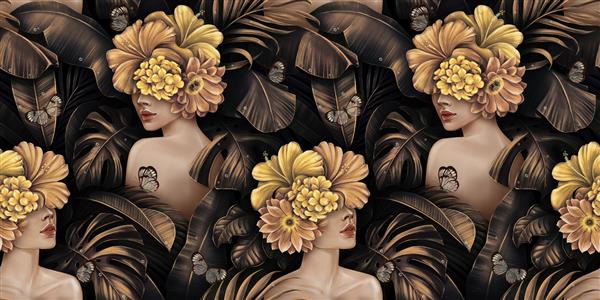 الگوی بدون درز طلایی عجیب و غریب گرمسیری زنان زیبا دسته گل های هیبیسکوس پلومریا هیولا نخل برگ های موز پروانه ها جنگل تصویر سه بعدی قدیمی با دست طراحی شده است کاغذ دیواری لوکس
