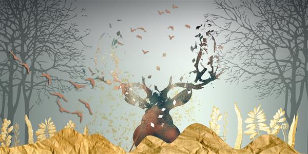 تصویر سه بعدی صحنه طبیعی با گوزن و گله پرندگان