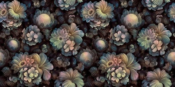 الگوی بدون درز فانتزی گل با گل‌های استوایی عجیب و غریب هیبیسکوس پروتئا پلومریا کاکتوس برگ‌ها تصویر سه بعدی پس زمینه انتزاعی جادویی طراحی لوکس برای کاغذ دیواری نقاشی دیواری پارچه