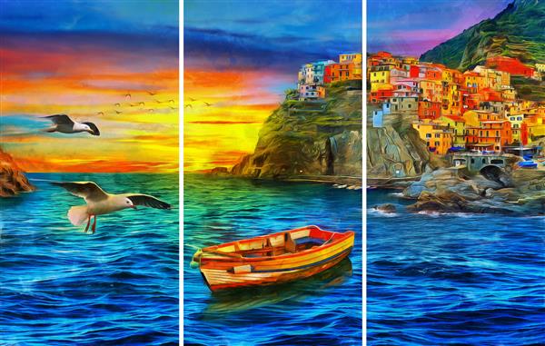 نقاشی رنگ روغن از منظره شگفت انگیز Cinque terre مجموعه طراح دکوراسیون داخلی هنر انتزاعی معاصر روی بوم مجموعه ای از تصاویر با بافت های مختلف مرغ دریایی قایق غروب آفتاب