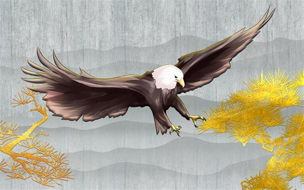 تصویر سه بعدی شاخه های منحنی طلایی انتزاعی عقاب طاس با بال های باز در پس زمینه خاکستری گرانج