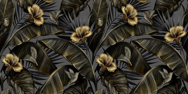گل های هیبیسکوس طلایی نخل قدیمی برگ های موز در زمینه خاکستری الگوی بدون درز استوایی تصویر سه بعدی پریمیوم با دست هنر عجیب و غریب پر زرق و برق مناسب برای کاغذ دیواری های لوکس پارچه نقاشی دیواری