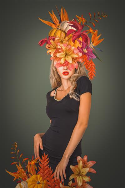 پرتره کلاژ هنر معاصر انتزاعی زن جوان با گل های پاییزی روی صورت چشمانش را پنهان می کند