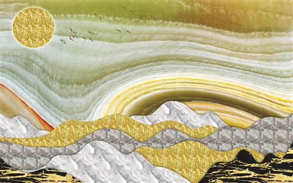 کاغذ دیواری انتزاعی سه بعدی مرمر ژئود رزین و هنر انتزاعی هنر کاربردی کوه های مرمر طلایی خاکستری و سیاه و خورشید طلایی با پرندگان سیاه