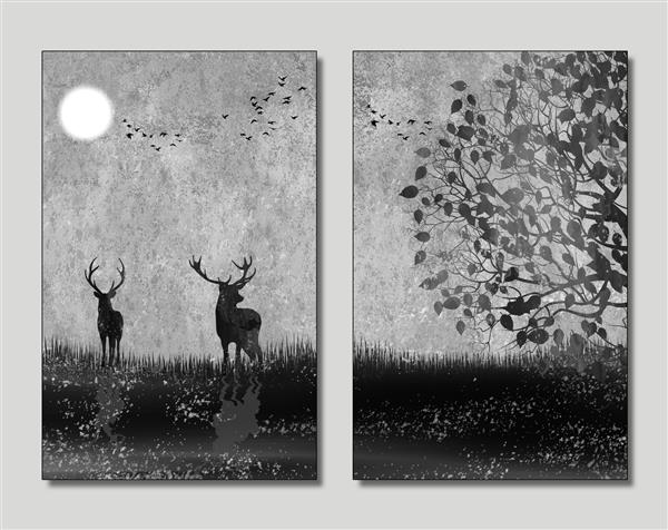 تصویر زمینه نقاشی هنری منظره سیاه و سفید درخت گوزن پرندگان و ماه در پس زمینه گری