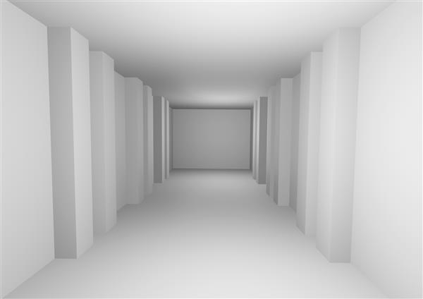 راهروی انتزاعی رندر سه بعدی با پس زمینه داخلی مینیمال تونلی با کف دیوارهای سفید مات کاغذ دیواری هندسی سفید