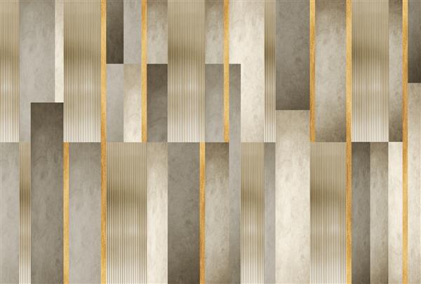 کاغذ دیواری دکور دیواری مدرن انتزاعی سه بعدی خطوط طلایی و سنگ مرمر و اشکال چوبی و برون