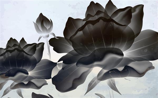 تصویر سه بعدی گل‌های خاکستری تیره بزرگ از نیلوفرهای آبی در پس‌زمینه آبی روشن