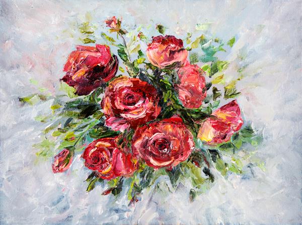 نقاشی رنگ روغن انتزاعی اصلی از دسته گل های رز تازه و زیبا روی بوم امپرسیونیسم مدرن مدرنیسم مارینیسم