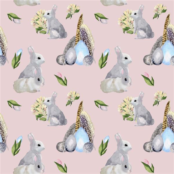 الگوی بدون درز عید پاک آبرنگ طرح کاغذ دیواری تعطیلات با دست نقاشی شده با خرگوش تخم مرغ رنگی گل و گیاه بافت بهاری به سبک وینتیج