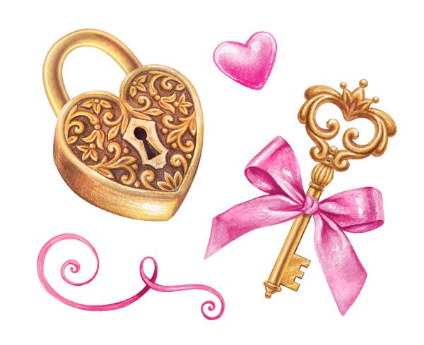 مجموعه عناصر طراحی قفل کلید طلایی و قلب تصویر آبرنگ جدا شده روی پس‌زمینه سفید کلیپ آرت روز ولنتاین نقاشی شده با دست