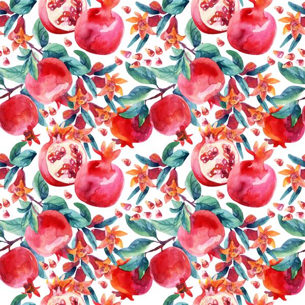 آبرنگ شاخه های شکوفه انار و الگوی بدون درز میوه میوه انار انواع توت ها و گل در زمینه سفید تصویر نقاشی شده با دست