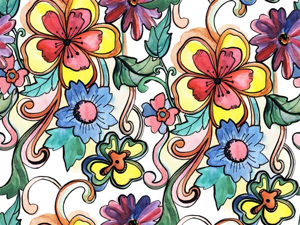 دسته گل آبرنگ طراحی شده با دست با طرح کلی جوهر مشکی