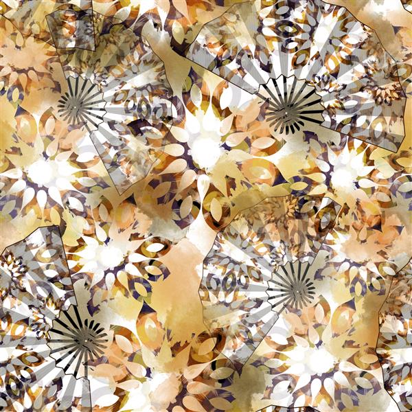 الگوی بدون درز با فن های تاشو گل های طلایی انتزاعی با جلوه آبرنگ چاپ پارچه Orient برای ملحفه ژاکت طراحی بسته بندی پارچه و مفاهیم مد