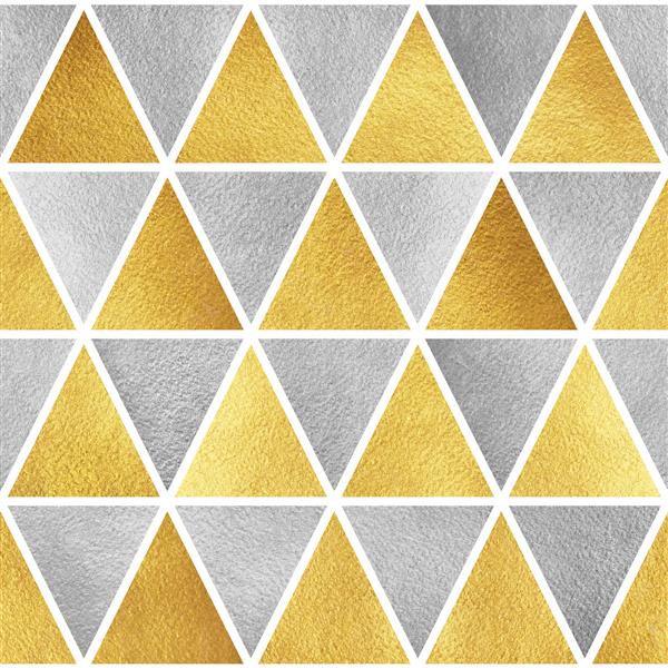 الگوی بدون درز مثلث طلایی و نقره ای پس زمینه انتزاعی هندسی طلایی و فولادی بافت مثلثی پر زرق و برق آهنی و زرد
