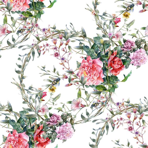 نقاشی آبرنگ از برگ و گل الگوی بدون درز در زمینه سفید