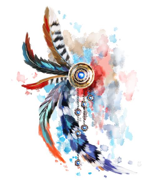 شکارچی رویایی با پرهای قرمز و آبی جواهرات طلا با نگین و پر در زمینه آبرنگ پاشیدن رنگ تصویر قومی قبیله ای