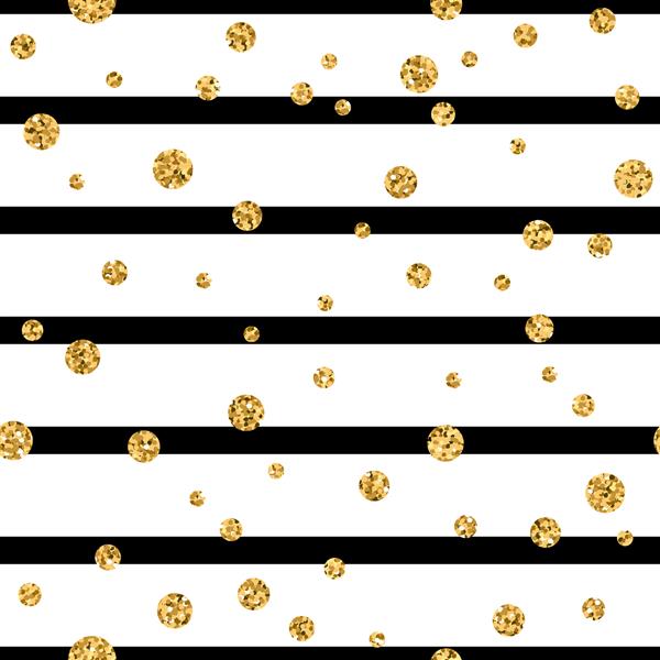 پس زمینه طرح بدون درز با نقطه پولکای طلایی کنفتی فویل طلایی راه راه سیاه و سفید دکوراسیون طرح کریسمس برای کارت کاغذ دیواری بسته بندی پارچه تصویر