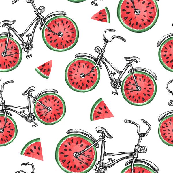 دوچرخه های بدون درز آبرنگ با چرخ های هندوانه ای پس زمینه تابستانی رنگارنگ تصویر اصلی طراحی شده با دست غذای سالم سبک زندگی و ورزش
