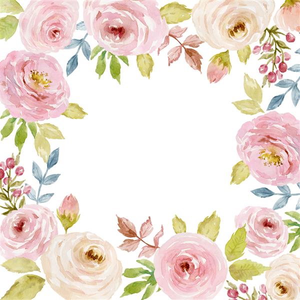 ترکیب آبرنگ نقاشی شده گل ها در رنگ های پاستلی قاب حاشیه پس زمینه کارت تبریک روز ولنتاین روز مادر عروسی تولد