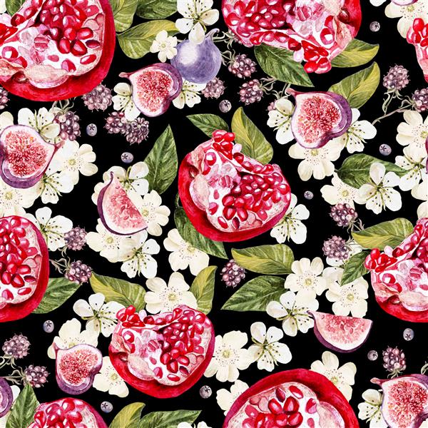 الگوی بدون درز آبرنگ روشن با گل ها شاه توت و میوه های انار انجیر تصویر