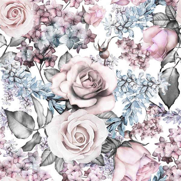 الگوی بدون درز با گل‌ها و برگ‌های صورتی در پس‌زمینه سفید الگوی گل آبرنگ گل رز به رنگ پاستل کاشی برای کاغذ دیواری کارت یا پارچه