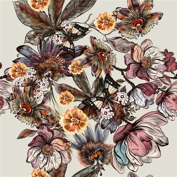الگوی تصویری زیبای گیاه شناسی در آبرنگ با گل های قدیمی کشیده شده است