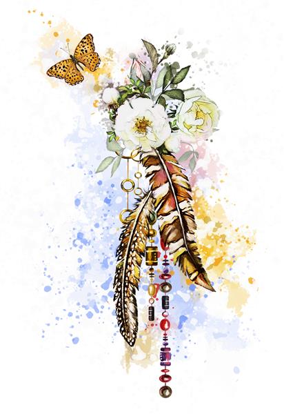 تصویر آبرنگ با گل رز و دیگر گل ها کلیدها و پرها پس زمینه قبیله ای با گل جواهرات پروانه چاپ جالب روی تی شرت تاتو قدیمی