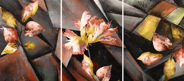نقاشی رنگ روغن با دست - سه تایی با گل برگ پس زمینه هنر انتزاعی روی بوم بافت در هنر داخلی مدرن معاصر رنگارنگ