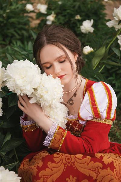 زن جوان زیبا با لباس قرون وسطایی قرمز گل صد تومانی سفید در دست دارد