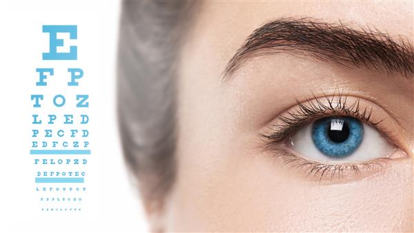 نمای نزدیک چشم زنانه با عنبیه آبی و نمودار برای تست حدت بینایی