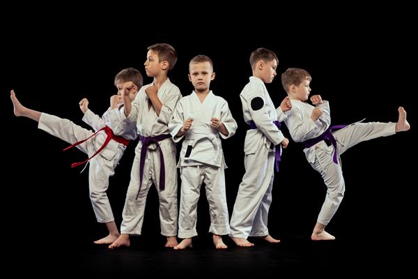 گروهی از کودکان پسر که کاراته هنرهای رزمی را تمرین می‌کنند سبک زندگی ورزشی پس‌زمینه سیاه‌پوست را جدا کرده‌اند