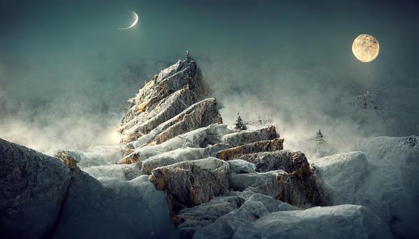 منظره زمستانی فانتزی با خط الراس کوه و ابرهای مه آلود