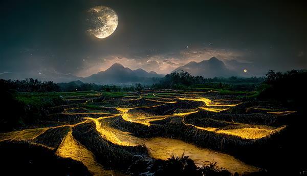 آسمان پرستاره شب با ماه کامل بر فراز مزارع