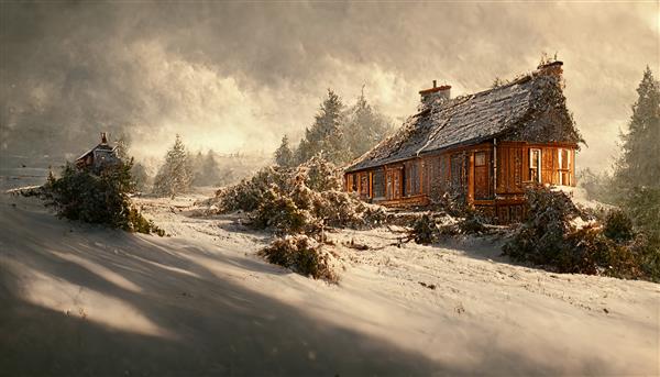 روز زمستانی با خانه ای چوبی روی یک چمنزار برفی که با درختان احاطه شده است