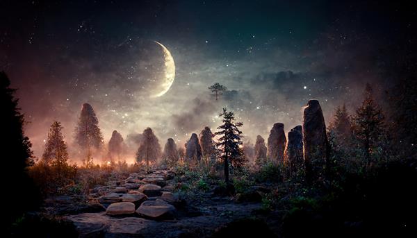 جنگل شب با صخره ها و درختان مخروطی زیر آسمان پرستاره با ماه