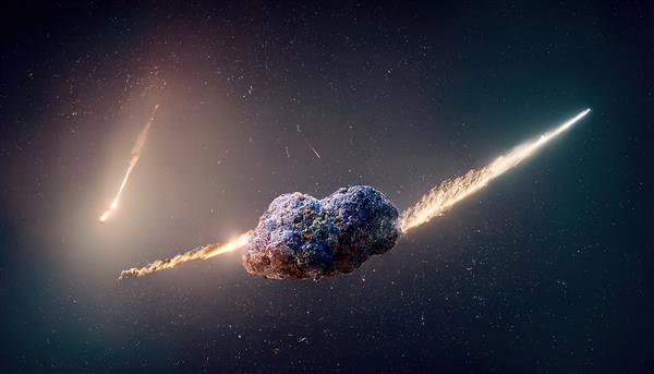 تصویر شطرنجی از شهاب سنگ در فضا در روشنایی ستارگان جسم پرنده ناشناس ستاره دنباله دار شهاب باران سیاره فضانورد مفهوم اخترشناسی پس زمینه رندر سه بعدی