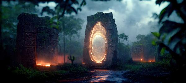 پورتال سنگی درخشان و خرابه‌های معبد در جنگل بارانی غروب
