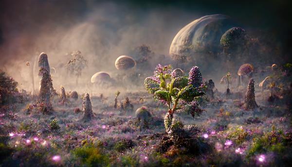 منظره سیاره بیگانه با گیاهان فانتزی درختان جادویی و گل های درخشان