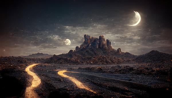 آسمان پرستاره شب با ماه در کوه های بیابانی در افق و جاده