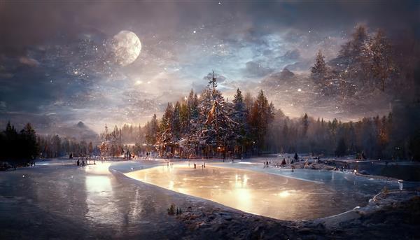 منظره شب در دریاچه زمستانی با آسمان آب یخ زده با ماه روشن