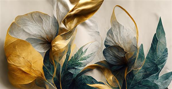گل‌های آبرنگ انتزاعی پس‌زمینه گل‌های مجلل زیبا با فضایی برای متن یک پوستر یا بروشور با بافت طلایی از گل‌ها و برگ‌های شکوفه‌دار تصویر سه بعدی