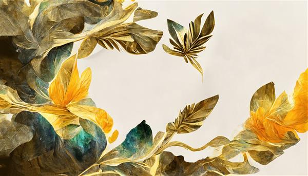 گل‌های آبرنگ انتزاعی بافت‌دار با درخشش طلایی کارت گل زیبا یا الگوی بنر با فضایی برای تصویرسازی متنی سه بعدی
